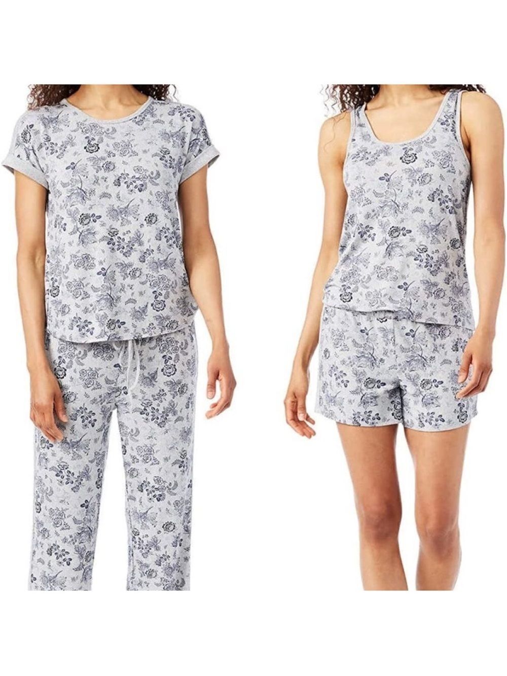 Lucky Brand L Gray Blue Floral Comfortable Tee Tank Short & Pant 4 pc PJ Set